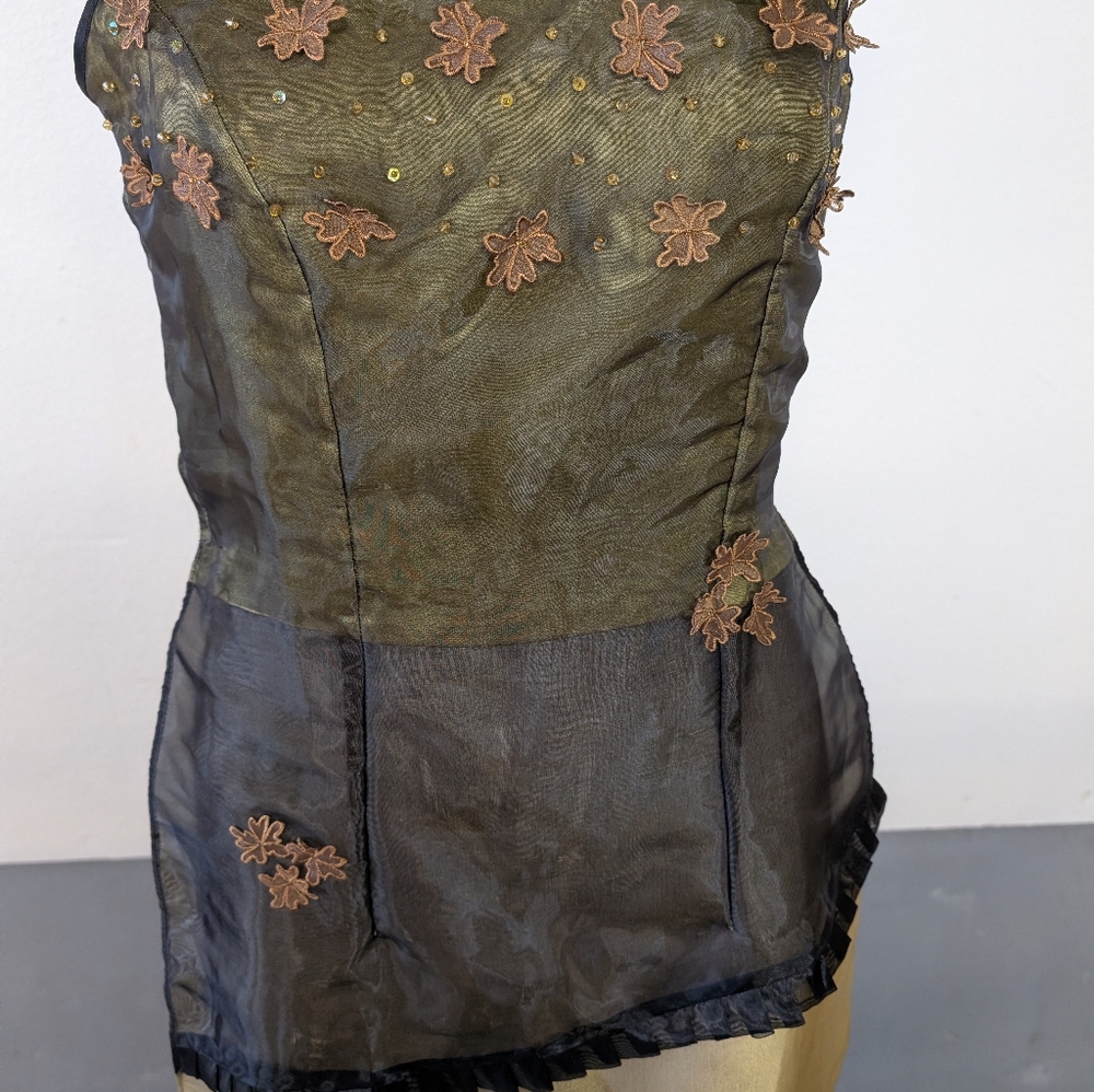 Dress Cover- Up Sheer Fabric Olive Green Black Corset  Wear Over Bodysuit - Picture 3 of 3